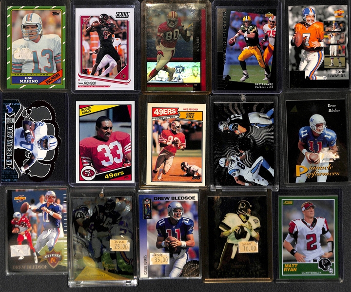 3-Row Box of Football Cards w/ Lamar Jackson Rookie, Mahomes, Favre, Marino, Elway, Rice, B. Sanders, + (Mostly Past 35 Years) 