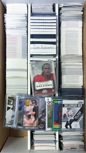 3-Row Box of Football Cards inc. Rookies ( Favre, Donald, Cousins, JJ Watt, Stafford, +), Stars (Tom Brady, Brees), Mostly Past 12 Years