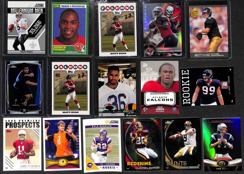 3-Row Box of Football Cards inc. Rookies ( Favre, Donald, Cousins, JJ Watt, Stafford, +), Stars (Tom Brady, Brees), Mostly Past 12 Years