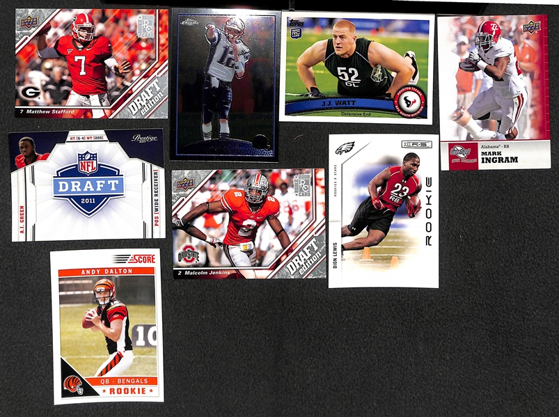 3-Row Box of Football Cards inc. Rookies ( Favre, Donald, Cousins, JJ Watt, Stafford, +), Stars (Tom Brady, Brees), Mostly Past 12 Years