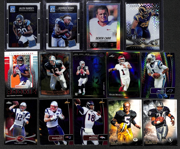 3-Row Box of Football Cards inc. Rookies ( Lamar Jackson, Darnold, Kyler Murray, A. Donald, Carr, +), Stars (Tom Brady, A. Rodgers, W. Payton. +) - Mostly Past 12 Years