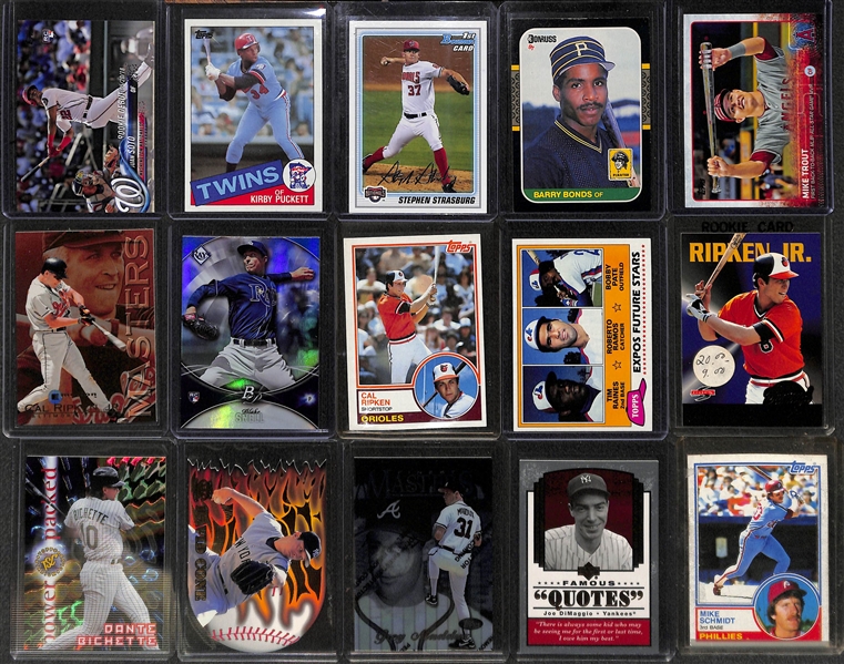 3-Row Box of Baseball Rookie Cards w/ Stars (Ripken, Trout, F. Thomas, Schmidt, Griffey Jr.) and Rookies (w/ Soto, Strasburg, Bonds, Puckett) - Mostly Past 30 Years