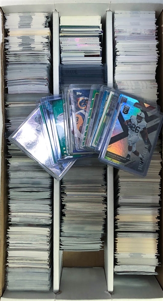 3-Row Box of Football Cards inc. Rookies (E. Elliott, S. Barkley, Mayfield ), Stars (Tom Brady, Favre, Marino, Montana, Brees), Mostly Past 20 Years