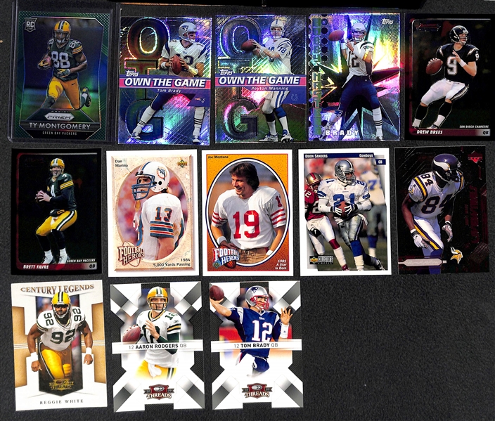 3-Row Box of Football Cards inc. Rookies (E. Elliott, S. Barkley, Mayfield ), Stars (Tom Brady, Favre, Marino, Montana, Brees), Mostly Past 20 Years