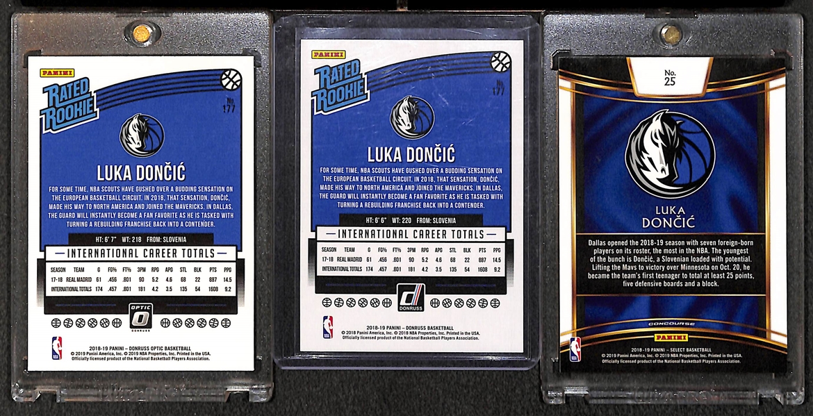 Lot of (3) Luka Doncic Rookie Cards (Optic, Select, and Donruss)
