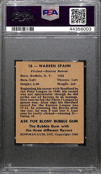 1948 Bowman Warren Spahn Rookie Card Graded PSA 4 (VG-EX) - Braves/HOFer