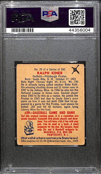 1949 Bowman Ralph Kiner (#29) Graded PSA 3 (MK) VG - Pirates/HOFer (Mark on Back)