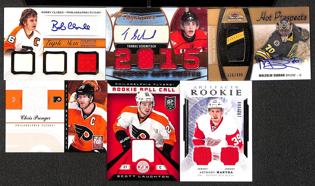 Lot of (6) Hockey Autograph or Jersey Relic Cards w/ Bob Clarke Auto National Treasures Triple Jersey 