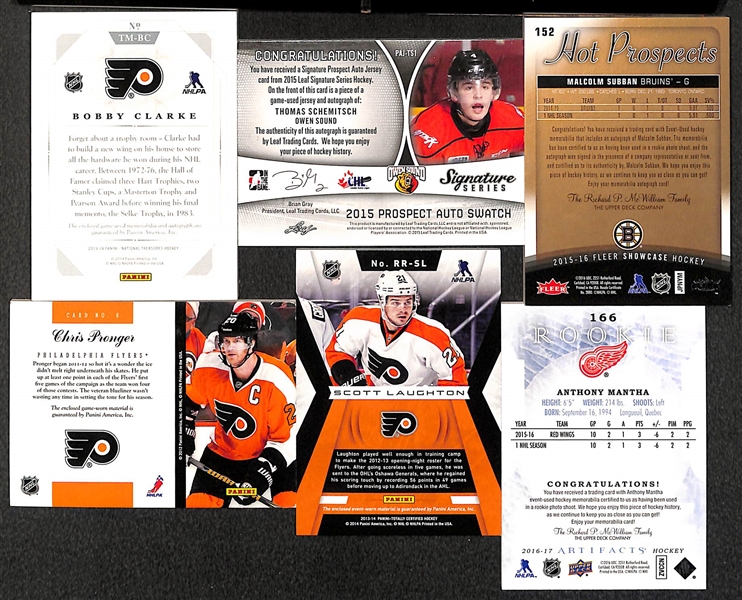 Lot of (6) Hockey Autograph or Jersey Relic Cards w/ Bob Clarke Auto National Treasures Triple Jersey 