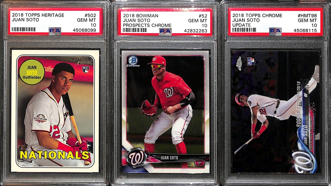 Lot of (3) PSA 10 Juan Soto 2018 Rookie Cards (Topps Chrome Update #HMT98, Bowman Prospects Chrome, Heritage)