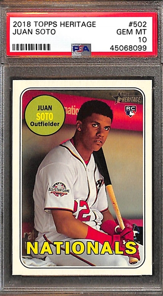 Lot of (3) PSA 10 Juan Soto 2018 Rookie Cards (Topps Chrome Update #HMT98, Bowman Prospects Chrome, Heritage)