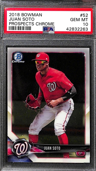 Lot of (3) PSA 10 Juan Soto 2018 Rookie Cards (Topps Chrome Update #HMT98, Bowman Prospects Chrome, Heritage)