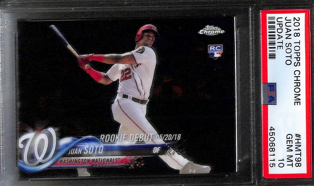 Lot of (3) PSA 10 Juan Soto 2018 Rookie Cards (Topps Chrome Update #HMT98, Bowman Prospects Chrome, Heritage)