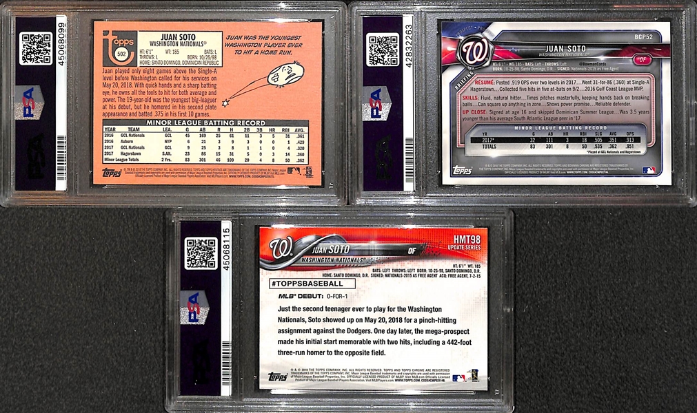 Lot of (3) PSA 10 Juan Soto 2018 Rookie Cards (Topps Chrome Update #HMT98, Bowman Prospects Chrome, Heritage)