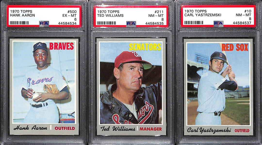 1970 Topps Baseball Card Set Missing 2 Cards Listed Above - Mostly Pack-Fresh Cards Inc. T. Williams #211 PSA 8, Yastrzemski #10 PSA 8, Aaron #500 PSA 6