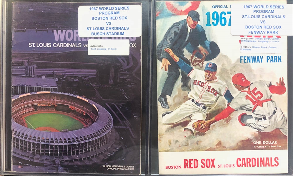 Lot of 2 1967 Cardinals VS Red Sox Signed World Series Programs w. Gibson/Carlton/Brock - JSA Auction Letter