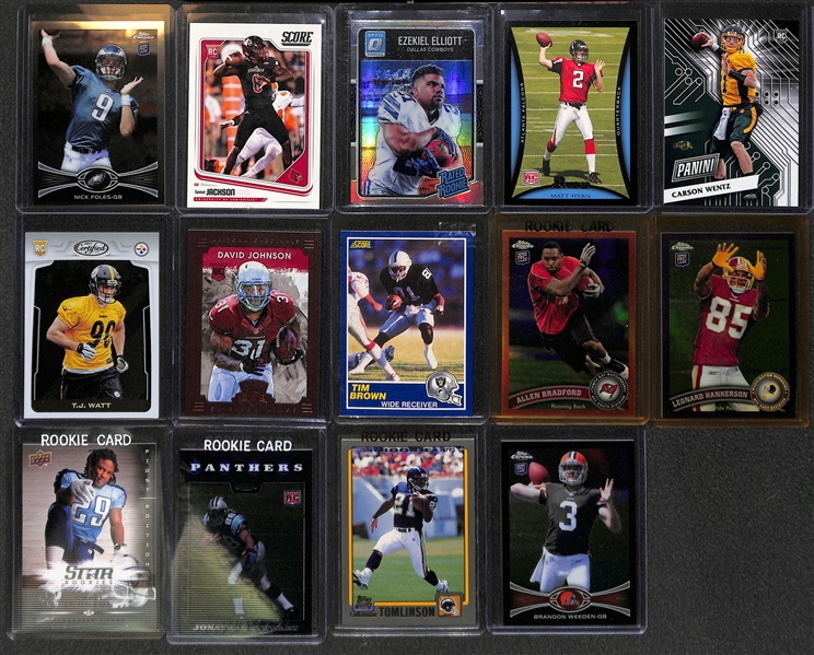 3-Row Box of Football Rookie Cards inc. Lamar Jackson, Ezekiel Elliott (Optic Holo), Wentz, Mixon, Fournette, M. Ryan, +). Mostly Past 20 Years
