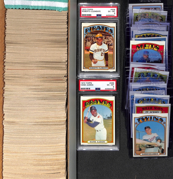 1972 Topps Baseball Card Set Missing 3 Cards Listed Above - Mostly Pack-Fresh Cards Inc. Clemente #309 PSA 6 and Aaron #299 PSA 6