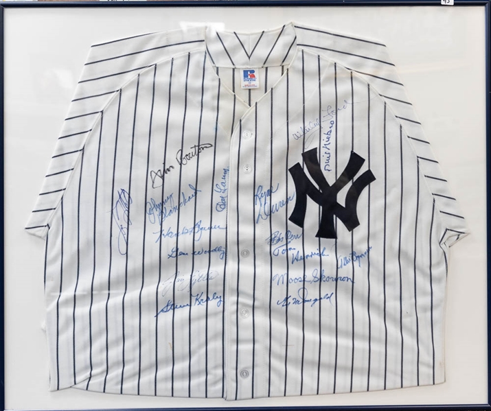 New York Yankees Jersey Signed By (16) incl. Whitey Ford, Phil Niekro, Don Larsen, Tino Martinez, and others. Framed 25.5x30.5 - JSA Auction Letter