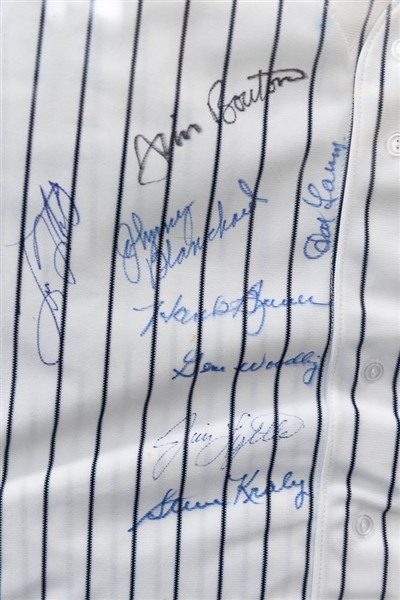 New York Yankees Jersey Signed By (16) incl. Whitey Ford, Phil Niekro, Don Larsen, Tino Martinez, and others. Framed 25.5x30.5 - JSA Auction Letter