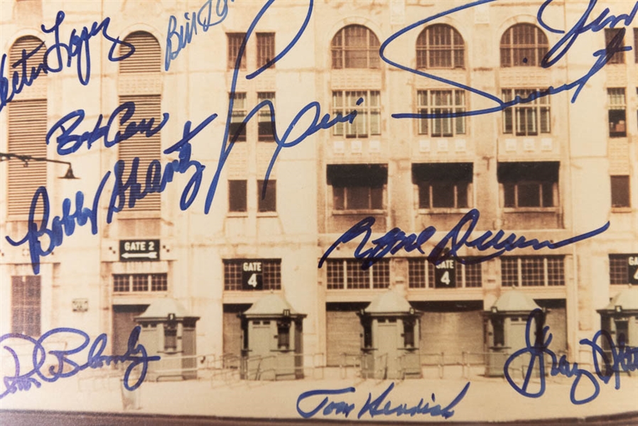 Framed Yankee Stadium photo (11x14) Signed by (15) Inc. Tiant, Rivers, Henrich, Tresh, and More - JSA Auction Letter
