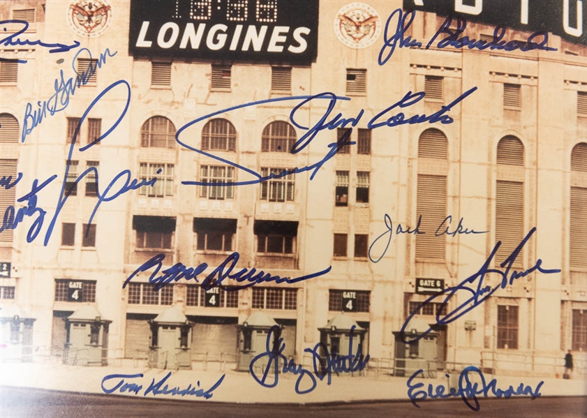 Framed Yankee Stadium photo (11x14) Signed by (15) Inc. Tiant, Rivers, Henrich, Tresh, and More - JSA Auction Letter