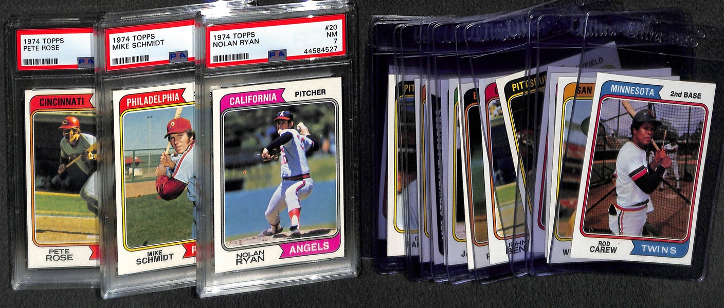1974 Topps Baseball Card Complete Set - Mostly Pack-Fresh Cards Inc. Schmidt #283 PSA 8, Nolan Ryan #20 PSA 7, and Pete Rose #300 PSA 6