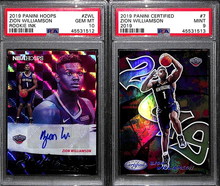 Lot of 2 - 2019-20 NBA Hoops Zion Williamson Autograph Rookie Card PSA 10 & 2019-20 Panini Certified Zion Williamson 2019 Rookie Insert Card PSA 9