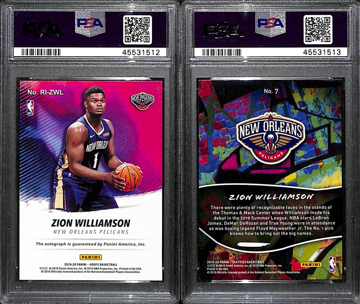 Lot of 2 - 2019-20 NBA Hoops Zion Williamson Autograph Rookie Card PSA 10 & 2019-20 Panini Certified Zion Williamson 2019 Rookie Insert Card PSA 9