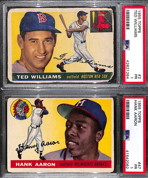1955 Topps Ted Williams (#2) & Hank Aaron (#47) - Both Graded PSA 1 (PR)