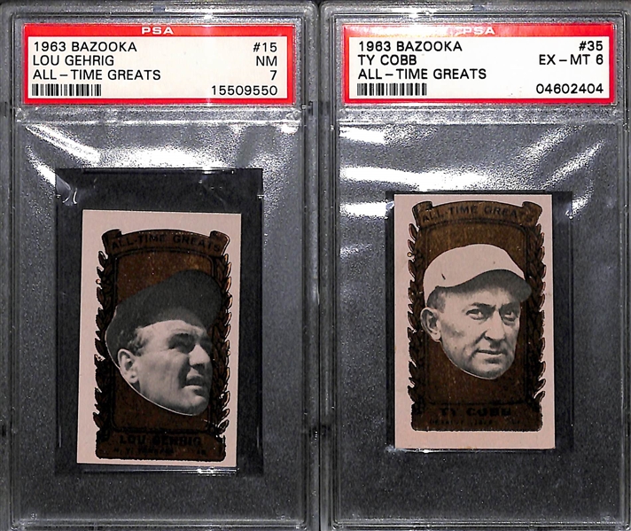 Lot of (2) 1963 Bazooka Cards - Lou Gehrig PSA 7, Ty Cobb PSA 6