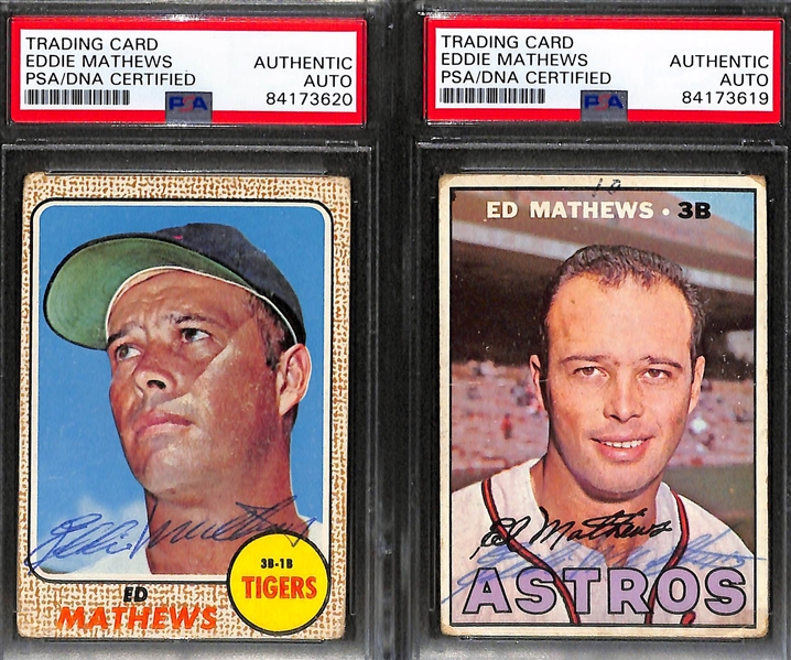 (6) Vintage Signed Cards - 1940 Playball Lonny Frey, 1960 Burdette/Spahn, 1961 Fleer Sewell, 1967 Topps B. Robinson, 1967 & 1968 E. Mathews  - JSA Auction Letter