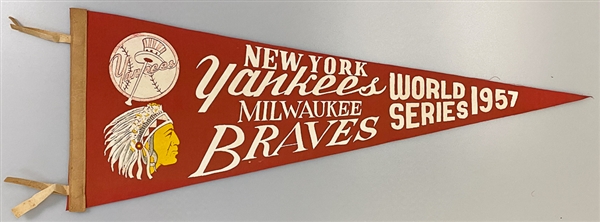 VERY RARE Original 1957 World Series Pennant - NY Yankees vs. Milwaukee Braves (Full Size 29)