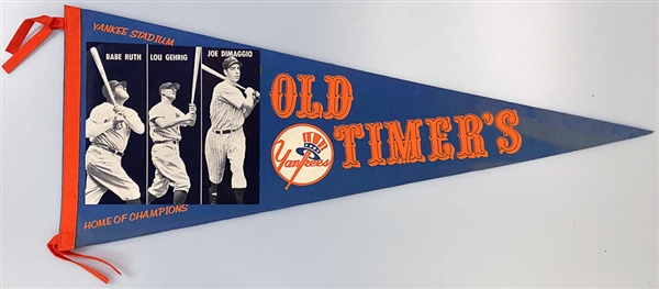 Vintage Yankee Stadium Old Timer's Pennant w/ Ruth, Gehrig, DiMaggio Photo (29.5) 