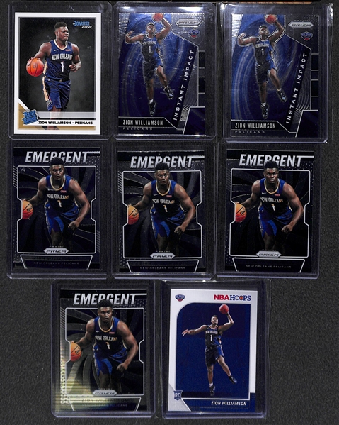Lot of (8) Zion Williamson 2019-20 Rookie Cards (6 Prizm, Donruss, Hoops)