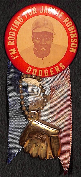 RARE 1947 I'm Rooting for Jackie Robinson, Dodgers Pin (w. Original Ribbon, Toy Ball, Toy Glove)