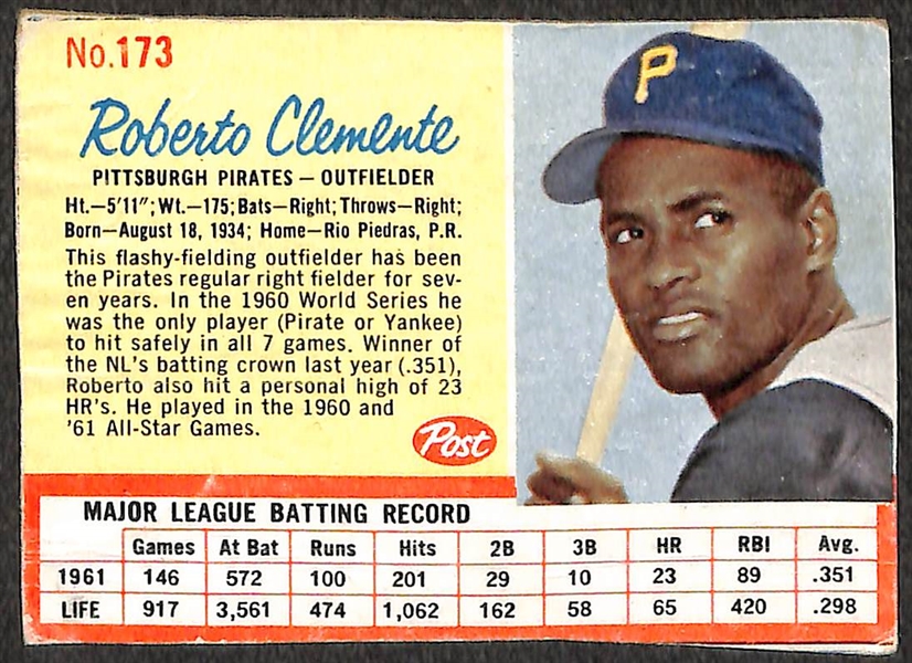 1962 Post Cereal Hank Aaron (#149) and Roberto Clemente (#173) Cards 