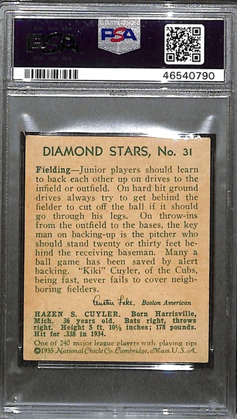 1935 Diamond Stars #31 Kiki Cuyler (Green Back) Graded PSA 5.5