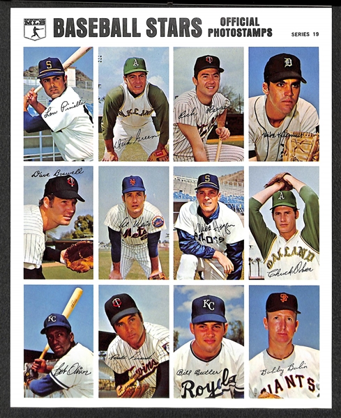RARE 1970 Baseball Stars Photostamps Series 19-25 on Full Sheets w/ Pinella, N. Ryan, R. Jackson, Yaz, Carlton
