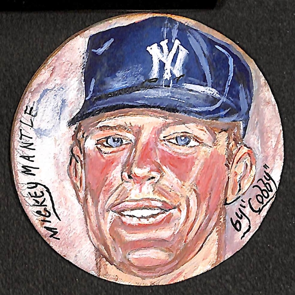 Lot of (3) Yankees Hand-Painted 3 Wood Disks (Ruth, Mantle, DiMaggio) by Artist Cobby From the Uncle Jimmy Collection