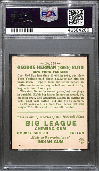 1933 Goudey Babe Ruth Card (#144) Graded PSA 4.5