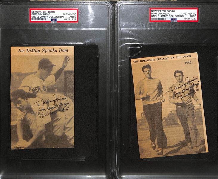 Lot of (2) Signed Dom DiMaggio Newspaper Clippings with Brother Joe - Slabbed PSA Authentic (Both 3.5x 5.25 & Personalized to Jimmy)