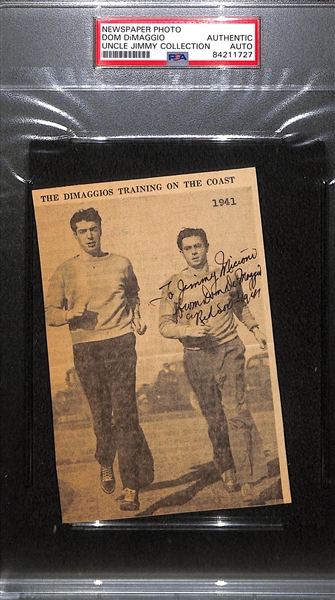 Lot of (2) Signed Dom DiMaggio Newspaper Clippings with Brother Joe - Slabbed PSA Authentic (Both 3.5x 5.25 & Personalized to Jimmy)