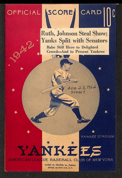 Yankees Score Card & Ticket Stub to 1942 WW2 Army-Navy War Benefit Game (Babe Ruth Famous Exhibition Home Run Off Walter Johnson) August 23, 1942 (Ruth hit 2 Homers!)