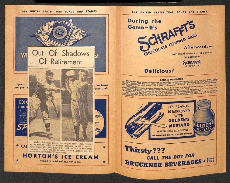 Yankees Score Card & Ticket Stub to 1942 WW2 Army-Navy War Benefit Game (Babe Ruth Famous Exhibition Home Run Off Walter Johnson) August 23, 1942 (Ruth hit 2 Homers!)