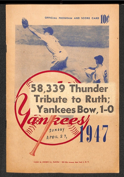 RARE Babe Ruth Day Yankees Score Card & Ticket Stub w/ Clippings on Score Card - April 27, 1947 