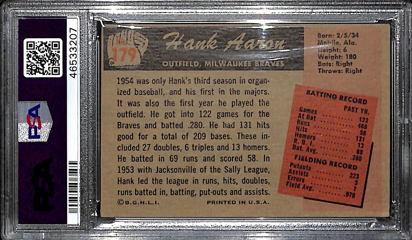 Lot Detail - 1955 Bowman Hank Aaron #179 Graded PSA 4