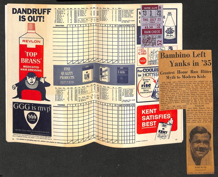 Lot of (4) 1949-1951 Yankee Score Cards, (1) 1964 Yankees Score Card (7/23/64) w. Ticket, (1) 1942 Giants Score Card w. News Clippings Affixed