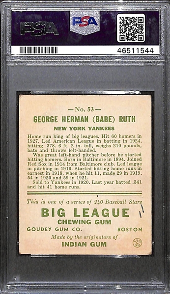 Babe Ruth Signed 1933 Goudey Card #53 PSA 3 (MK) Auto 6
