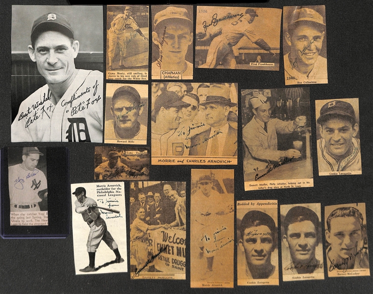 Lot of (36) Signed Newspaper Clippings w. Yogi Berra, Pinky Higgins, Max West, More! - JSA Auction Letter